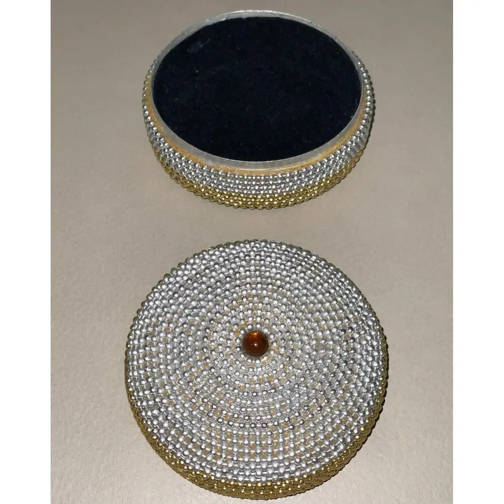 Vintage 1980s Beaded Round Trinket Box 2.75